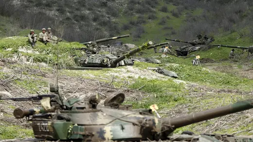 Servicemen of the self-defense army of Nagorno-Karabakh rest at their positions near the village of Mataghis. April 6, 2016.